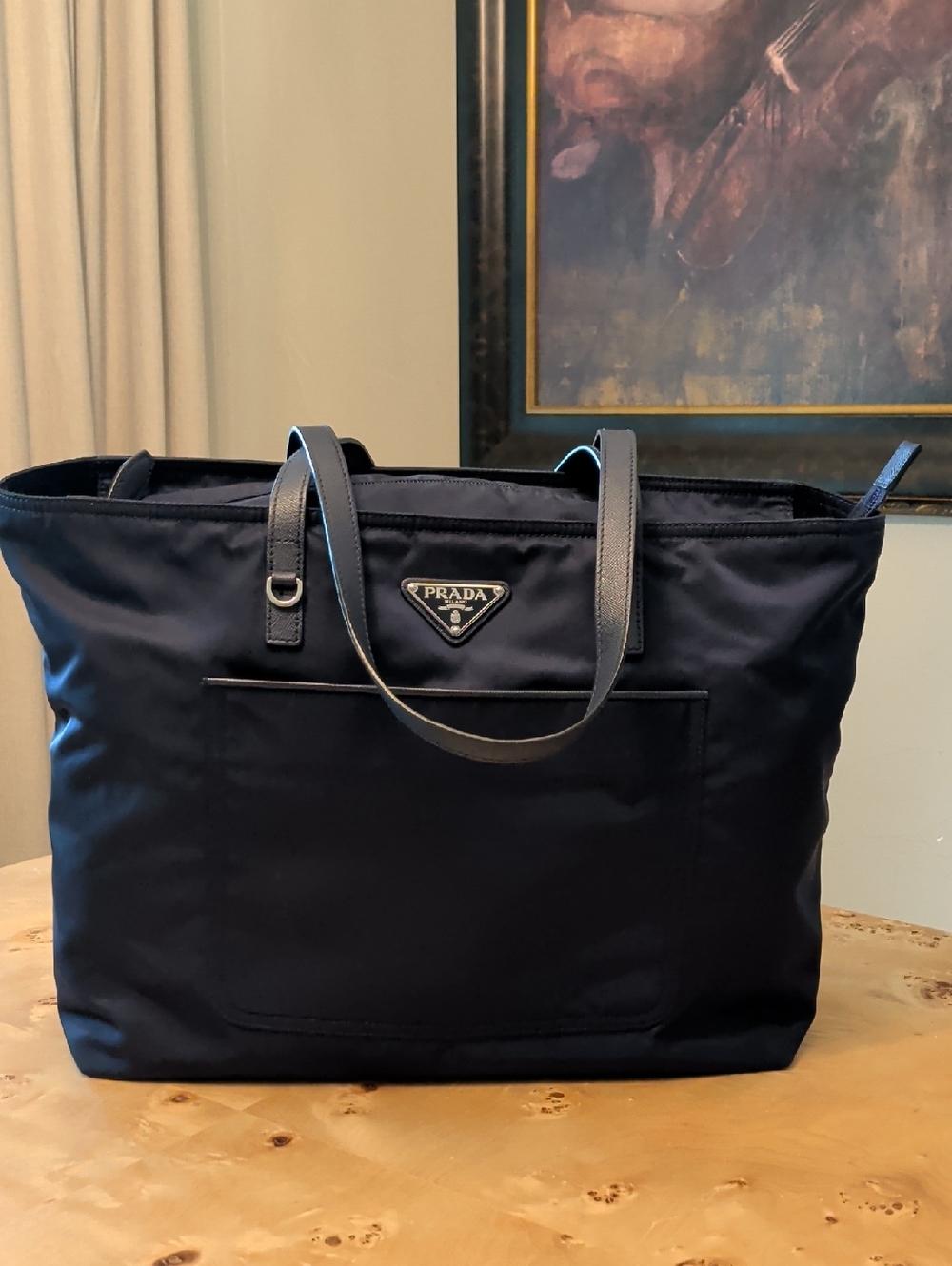 Authenticated Prada Navy Nylon Tote with Saffiano Leather Handles
